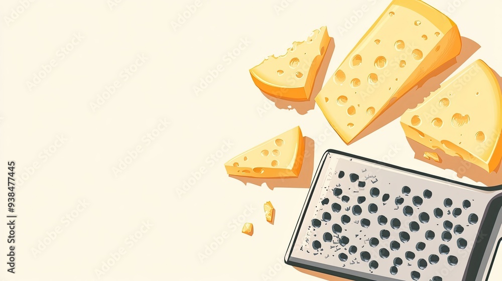 Poster a bright vector of cheese slices and a grater, placed on a plain background with space for text or b