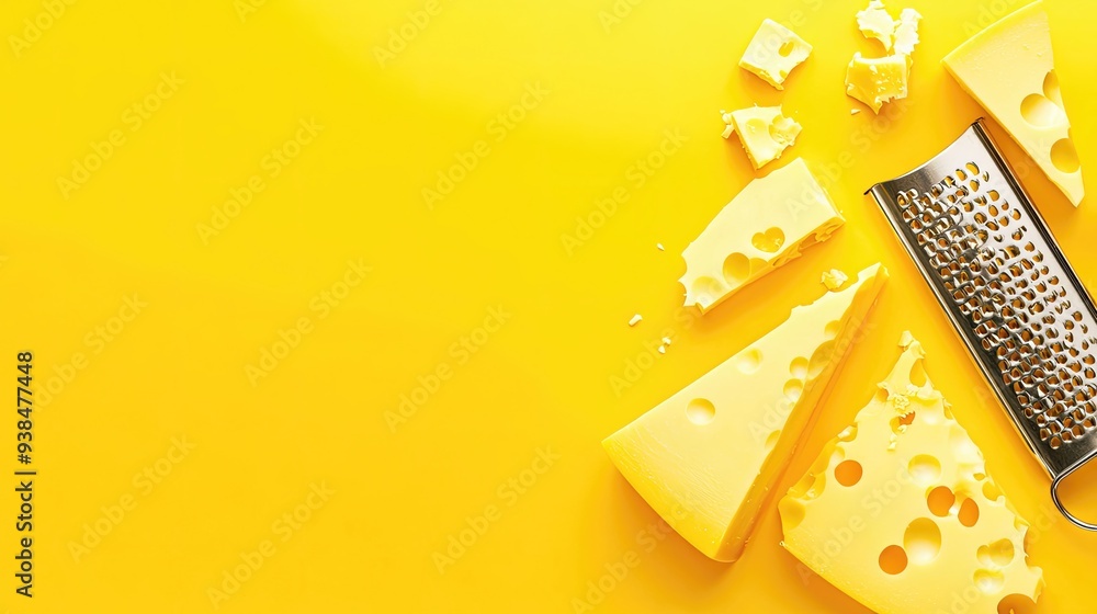 Poster a bright vector of cheese slices and a grater, placed on a plain background with space for text or b