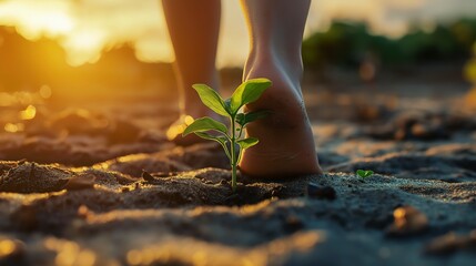 A small plant grows in the sand as a person walks by.
