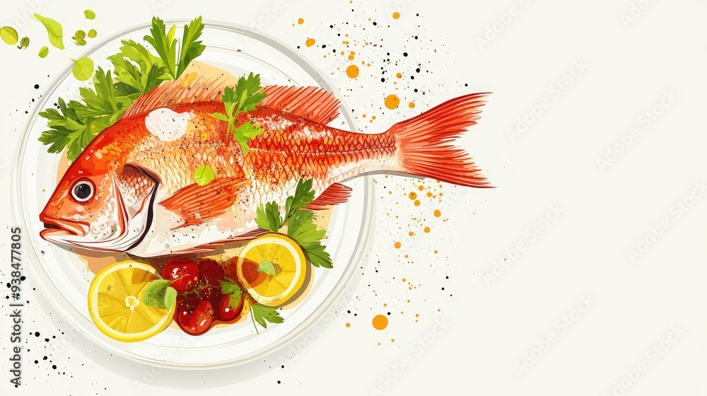 Poster a clean vector of a fish dish with garnishes and sauce, placed on a plain background with ample spac