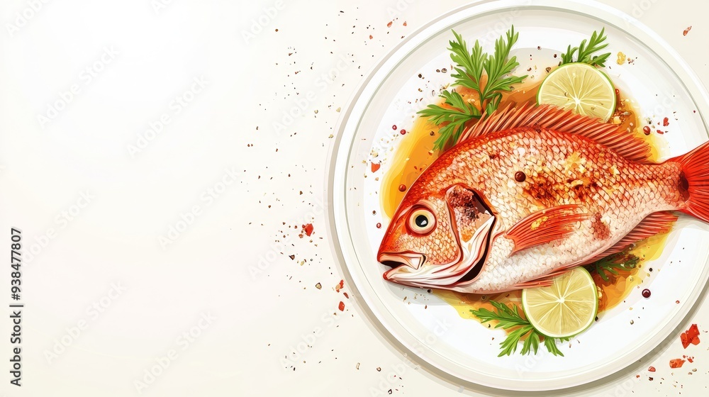 Aufkleber a clean vector of a fish dish with garnishes and sauce, placed on a plain background with ample spac