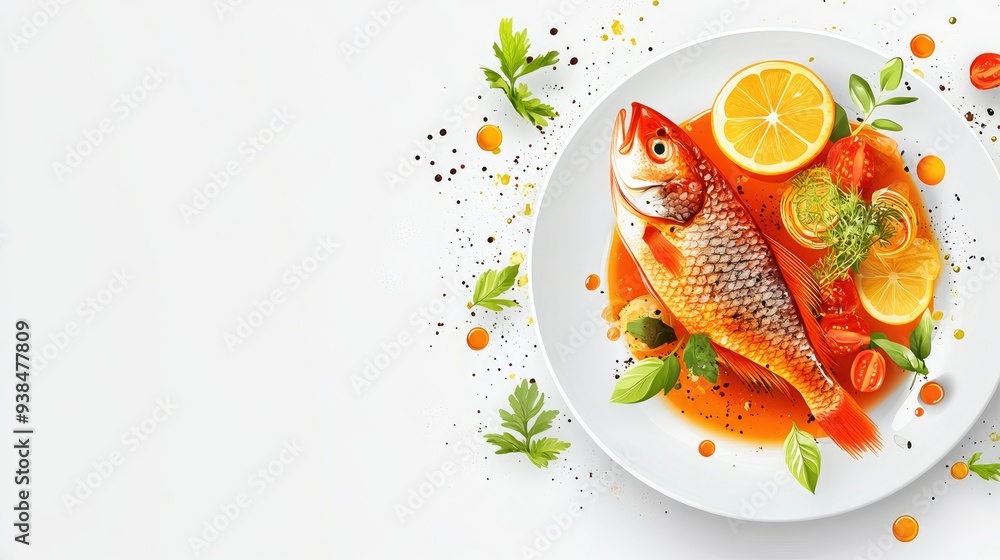 Poster a clean vector of a fish dish with garnishes and sauce, placed on a plain background with ample spac