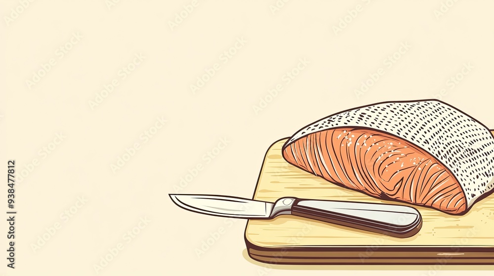 Poster a clean vector of a fish fillet on a cutting board with a knife, set against a simple background wit