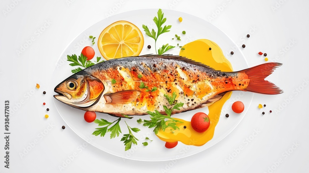 Poster a clean vector of a fish dish with garnishes and sauce, placed on a plain background with ample spac