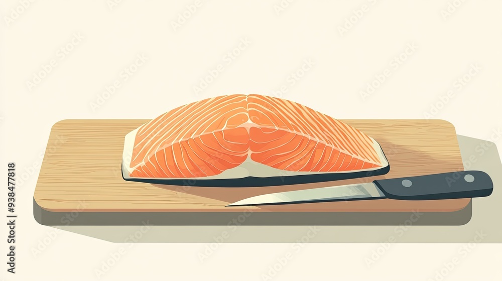 Poster a clean vector of a fish fillet on a cutting board with a knife, set against a simple background wit