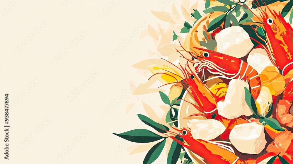 Poster a clean vector of a seafood stew with chunks of fish and vegetables, set against a simple background