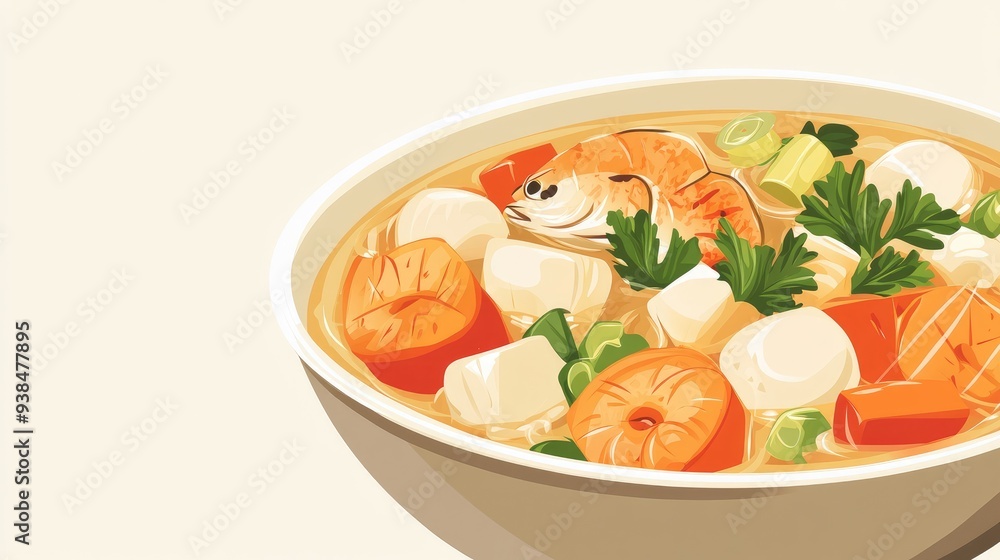 Poster a clean vector of a seafood stew with chunks of fish and vegetables, set against a simple background