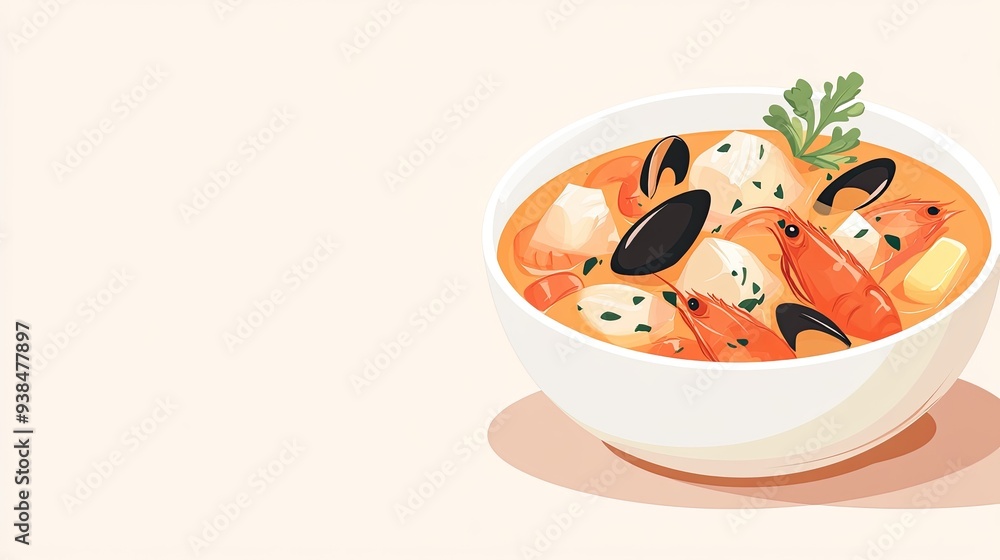 Poster a clean vector of a seafood stew with chunks of fish and vegetables, set against a simple background