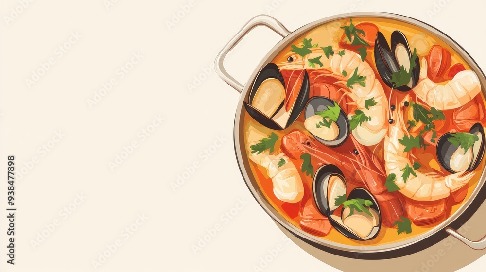 Poster a clean vector of a seafood stew with fresh herbs, placed on a simple background with ample copy spa