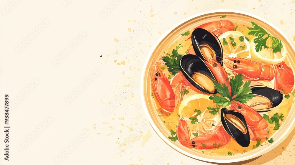 Poster a clean vector of a seafood stew with fresh herbs, placed on a simple background with ample copy spa