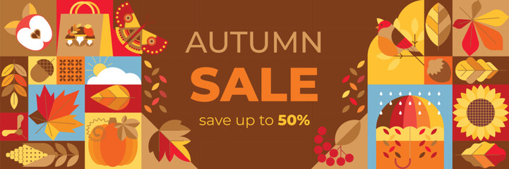 Abstract geometric autumn sale background with icons of leaves, umbrella, bird, butterfly. Bright creative banner with autumnal nature elements. Flyer, invitation, coupon, voucher © Lina_vector