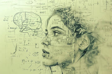 Obraz premium A captivating depiction of a woman's profile intertwined with sketches of a brain, scientific diagrams, and abstract lines, symbolizing creativity, intelligence, and innovative thought.