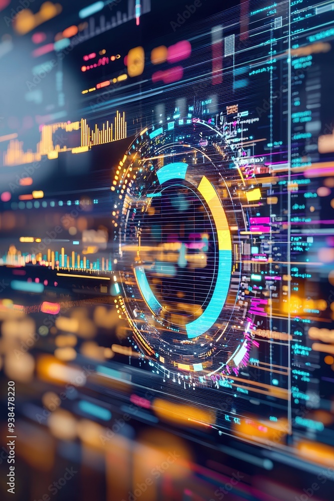 Poster abstract futuristic digital interface with colorful lights and data