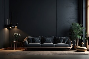 Modern dark home interior background, wall mock up, 3d render