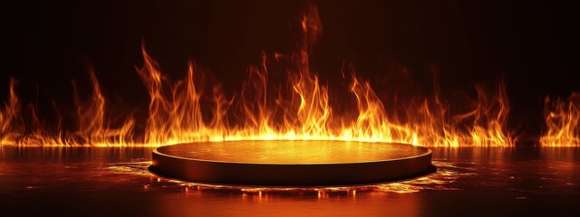 Fire podium background flame hot stage platform show black light. Fire burn background red podium gold pedestal effect round stand award golden product abstract spark orange steel glow fiery inferno.