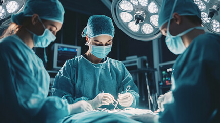 Medical Team Performing Surgical Operation in Modern Operating Room. Medical professionals working together in a hospital setting, including a doctor, nurse, and patient.