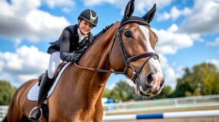 A woman dressed in equestrian attire smiles while riding her horse in a structured training session, displaying companionship and expertise under a blue sky with clouds.