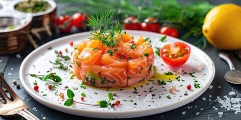 Savory and Flavorful Salmon Tartare Accompanied by Salmon Roe and Vegetables on a Light-Colored Plate