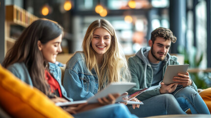 Obraz premium Three young people are sitting on a couch, each holding a tablet