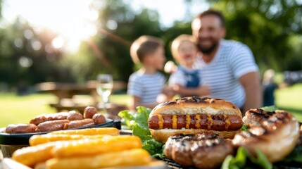 A family enjoying a barbecue picnic set up with grilled hot dogs, burgers, and other foods on a sunny day, creating a warm and inviting atmosphere perfect for family bonding.