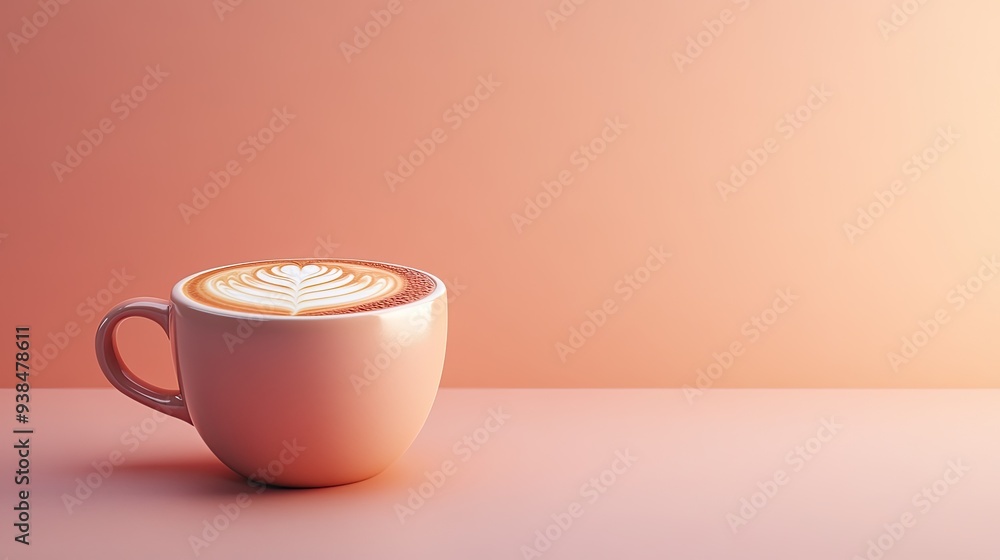 Poster a cup of coffee with delicate latte art in a stylish mug, set on a simple background with space for 