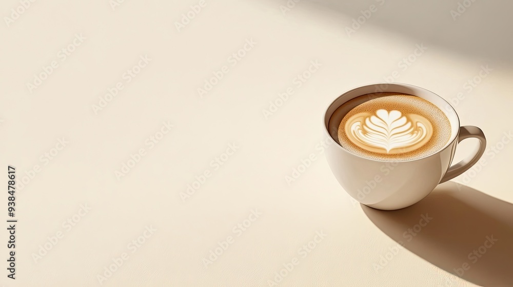 Poster a cup of coffee with delicate latte art in a stylish mug, set on a simple background with space for 