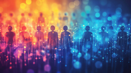 A group of people are shown in a colorful, abstract style