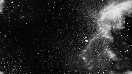 white particles on a black background, white powder falling from the sky, creating an abstract design with white dots and lines, scattered in all directions