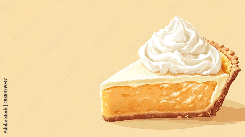 Poster a fun vector of a slice of pie with whipped cream, set against a clean background with space for tex