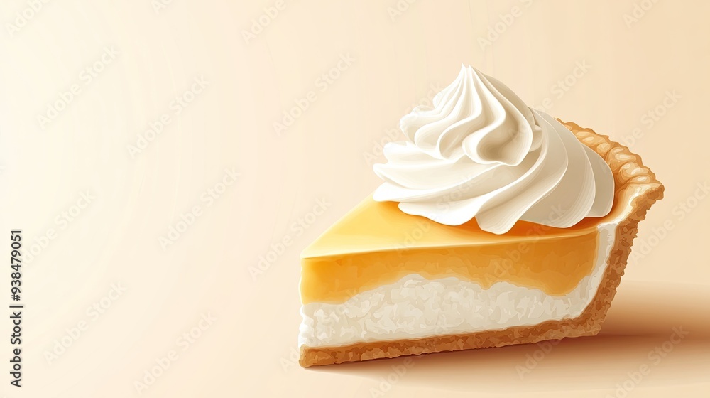 Poster a fun vector of a slice of pie with whipped cream, set against a clean background with space for tex