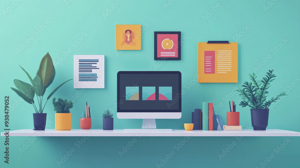 Poster a computer monitor sits on a shelf next to a potted plant and a book