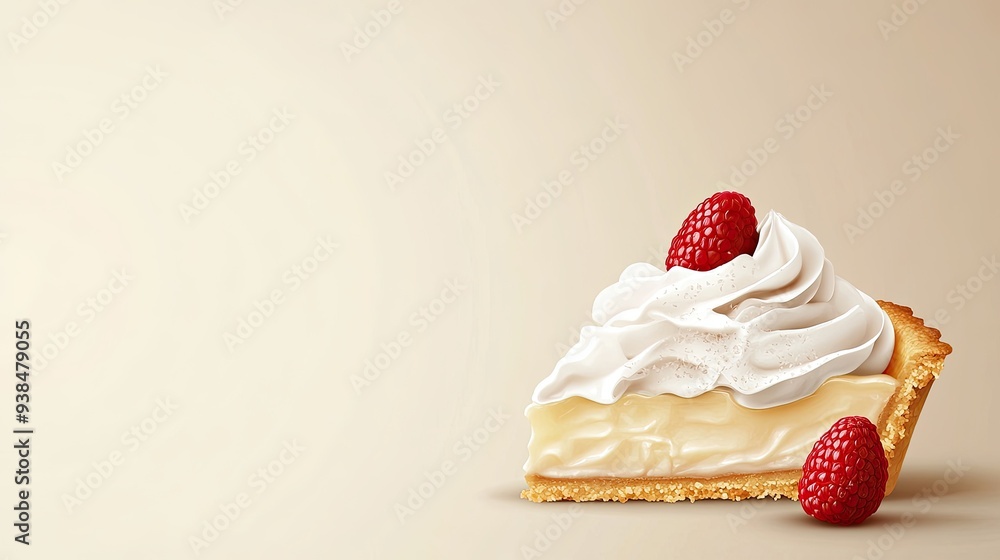Poster a fun vector of a slice of pie with whipped cream, set against a clean background with space for tex