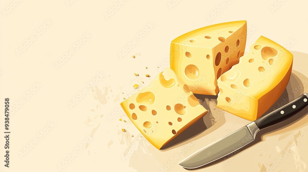 Poster a fun vector of cheese blocks and slices with a knife, on a light background with space for text or 