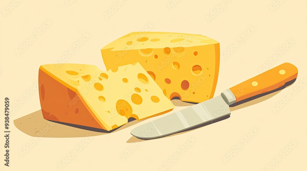 Poster a fun vector of cheese blocks and slices with a knife, on a light background with space for text or 
