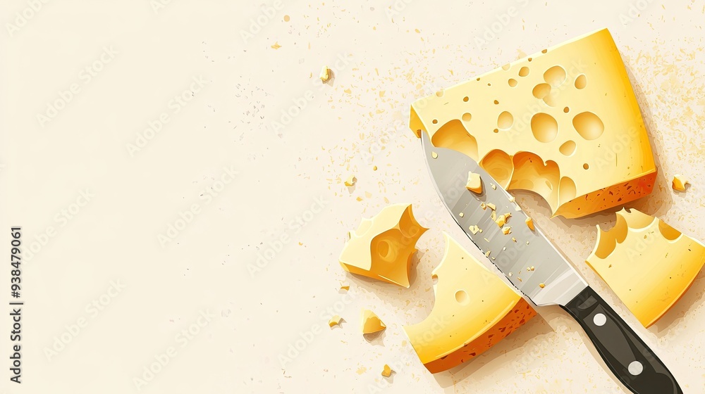 Aufkleber a fun vector of cheese blocks and slices with a knife, on a light background with space for text or 