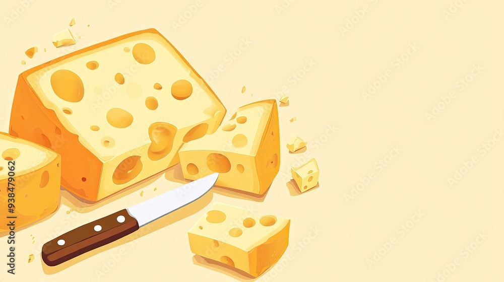 Aufkleber a fun vector of cheese blocks and slices with a knife, on a light background with space for text or 