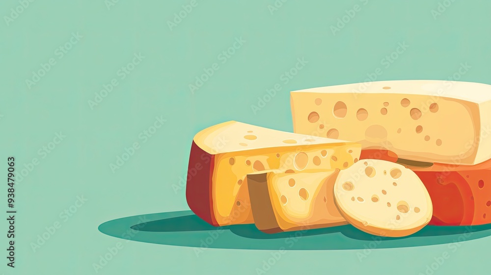 Poster a fun vector of cheese with various textures and styles, on a simple background with ample copy spac
