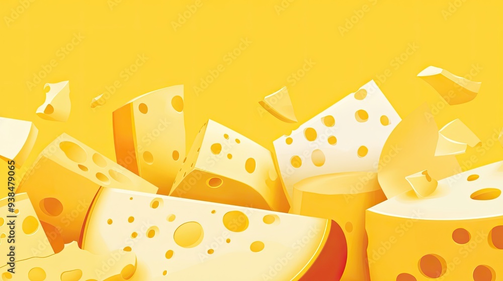 Poster a fun vector of cheese with various textures and styles, on a simple background with ample copy spac