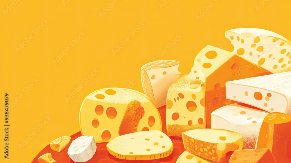 Poster a fun vector of cheese with various textures and styles, on a simple background with ample copy spac