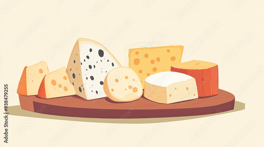 Poster a minimalist vector of a cheese board with a variety of cheeses, placed on a plain background with a