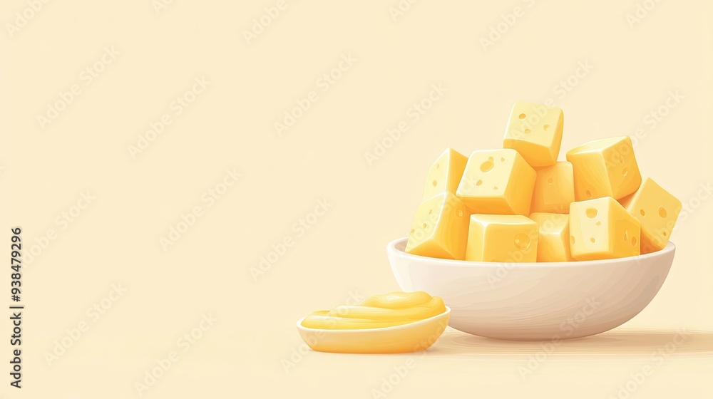Poster a minimalist vector of cheese cubes and a dipping sauce, set against a light background with ample s