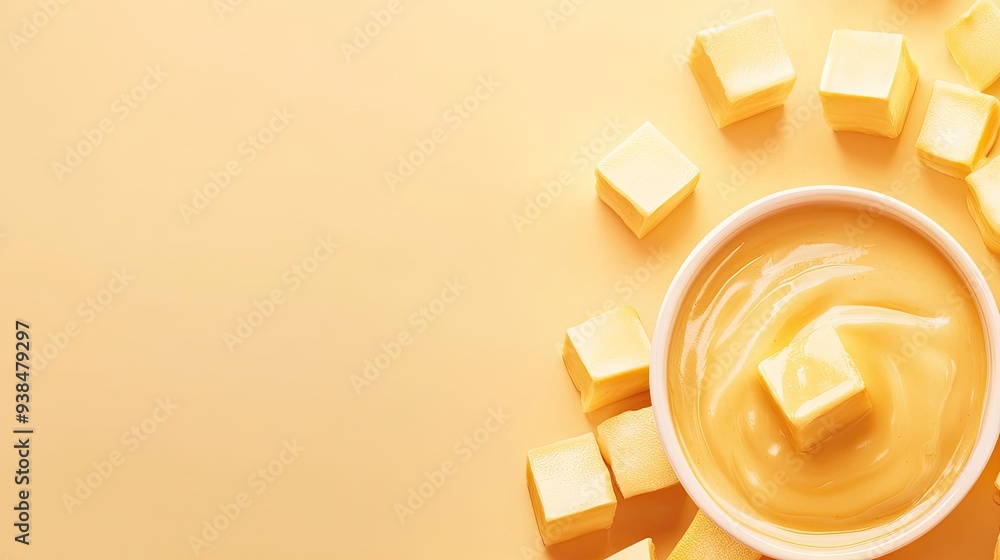 Poster a minimalist vector of cheese cubes and a dipping sauce, set against a light background with ample s