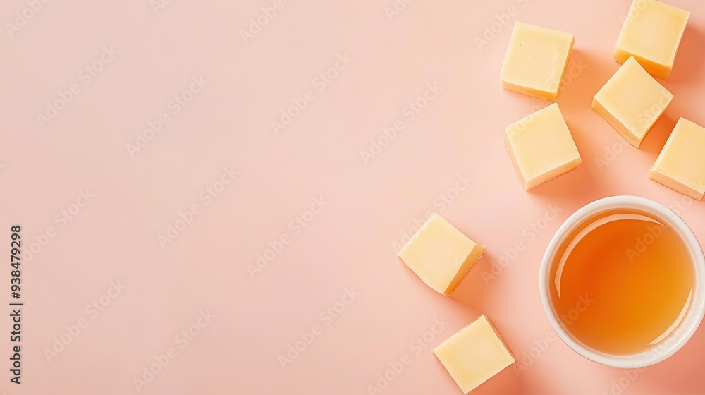 Aufkleber a minimalist vector of cheese cubes and a dipping sauce, set against a light background with ample s
