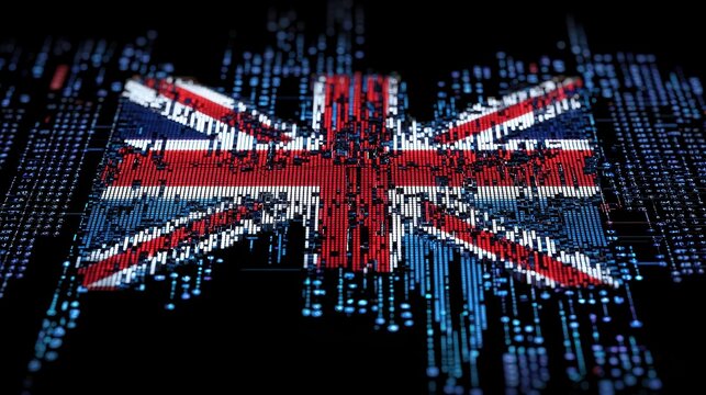 UK Flag Digital Binary Code Data Abstract  D Render