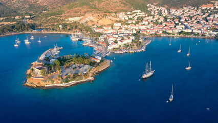 A stunning aerial view of Datça, Turkey. Amphitheater Peninsula separates Holiday village to two...