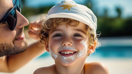 A happy child with curly hair smiles brightly with sunscreen on their face, wearing a cap, while enjoying a sunny day by the pool, with an adult nearby in the background.