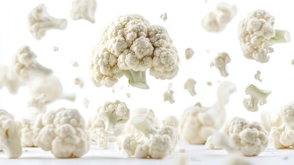 Fresh cauliflower florets falling on a white background.
