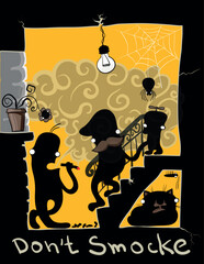 A cartoonish drawing of a man smoking a cigarette with two other men standing on stairs. The image is titled "Don't Smoke"