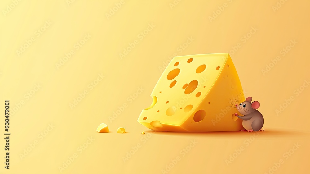 Poster a playful vector of cheese with a mouse character, on a simple background with room for text or bran