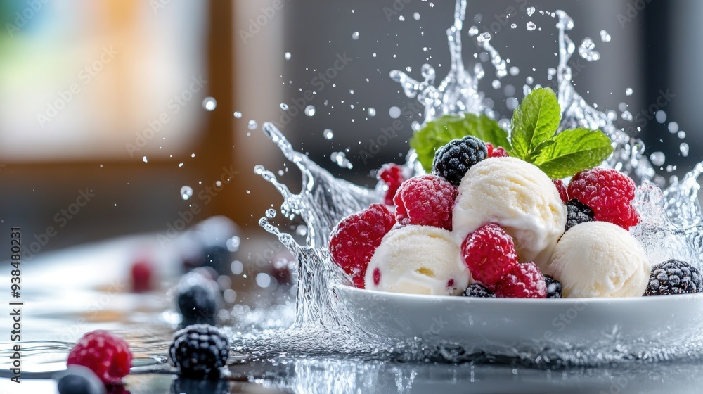 Poster a bowl featuring an appetizing combination of mixed berries and scoops of cream, adorned with mint l